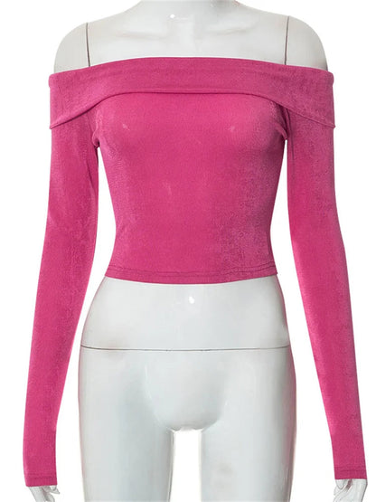 Long Sleeve Slim Fit Exposed Navel Slash Neck Off Shoulder T-shirts