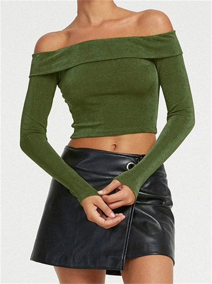 Long Sleeve Slim Fit Exposed Navel Slash Neck Off Shoulder T-shirts