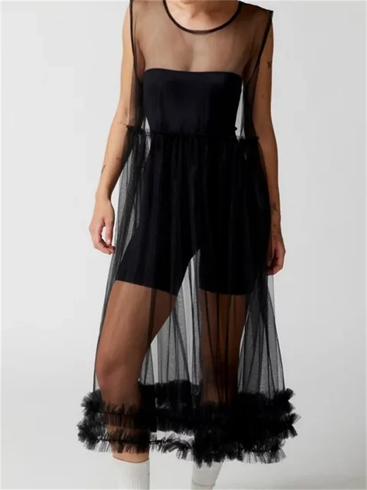 Sheer See-through Color Crew Neck Ruffles Sleeveless Midi Dress