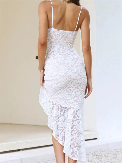 Side Split Lace V-neck Sleeveless Summer Irregular Hem Midi Dress
