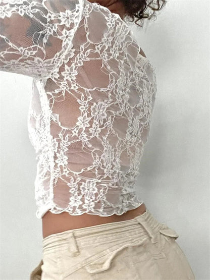 Slash Neck Off Shoulder Lace See-through Long Sleeve Pullover Club T-shirts