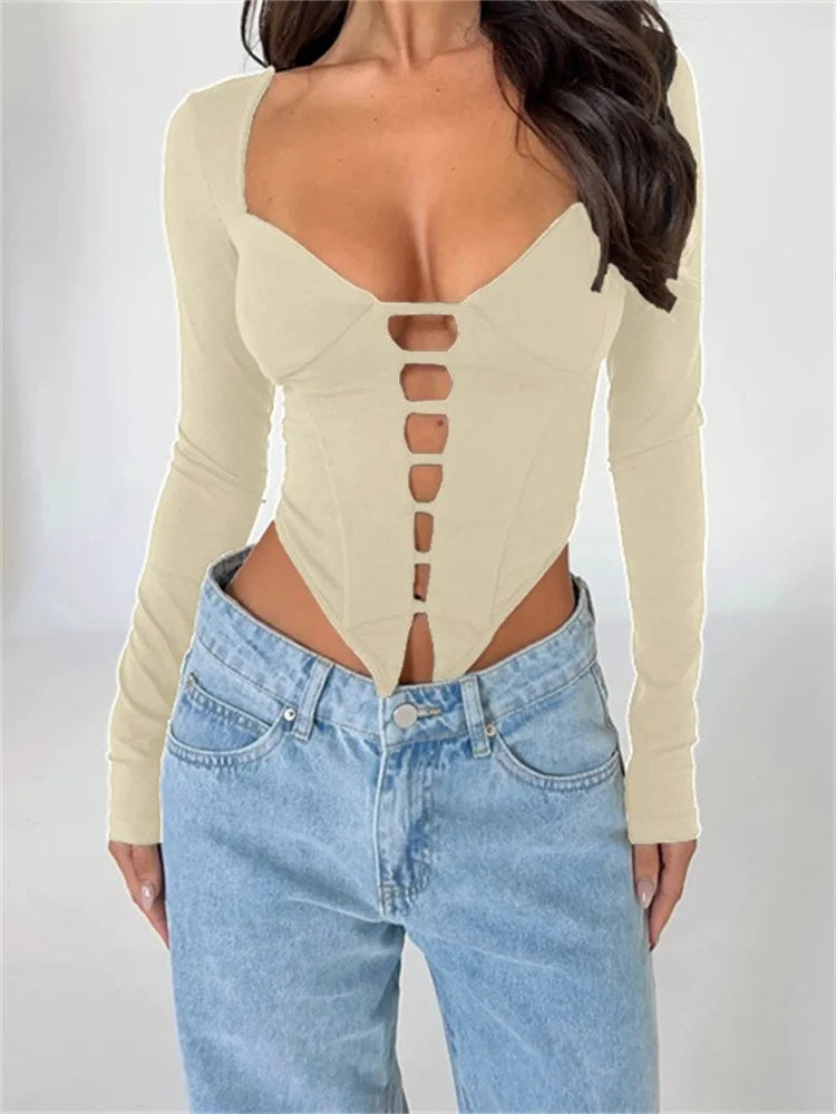 V-neck Low Cut Front Hollow Out Long Sleeve Slim Fit Irregular Hem T-shirts