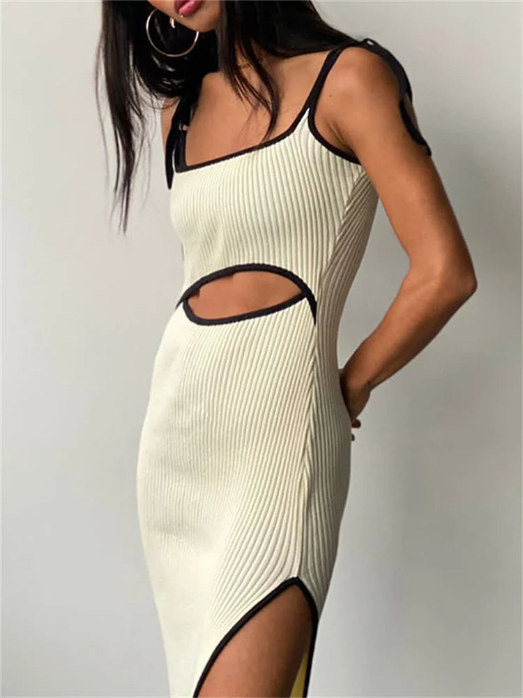 Lace-up Waist Cutout Hollow Out Side Split Sleeveless Midi Dress