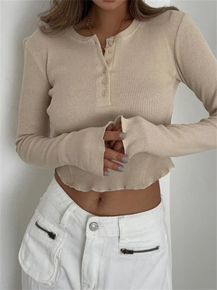 Ribbed Basic Long Sleeve Ruched Knitted Buttons Up T-shirts