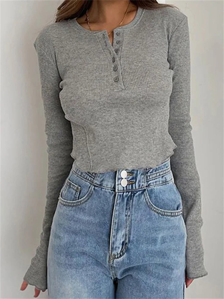 Ribbed Basic Long Sleeve Ruched Knitted Buttons Up T-shirts