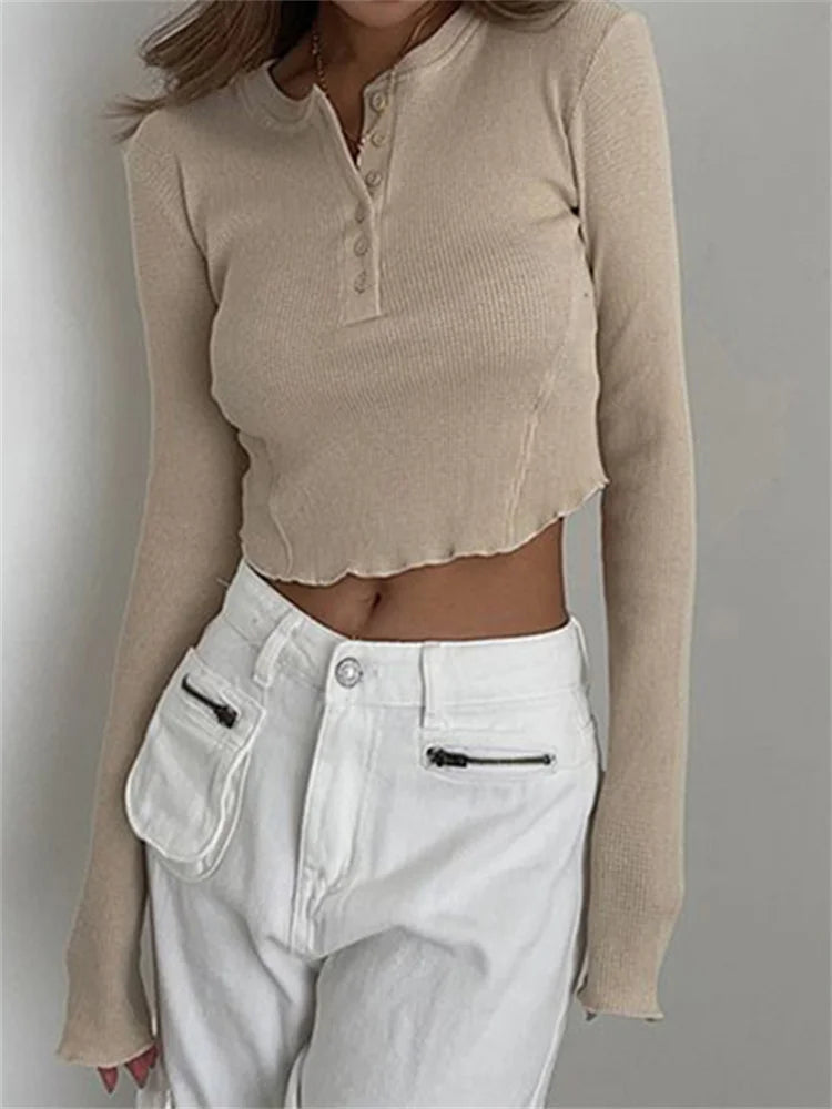 Ribbed Basic Long Sleeve Ruched Knitted Buttons Up T-shirts