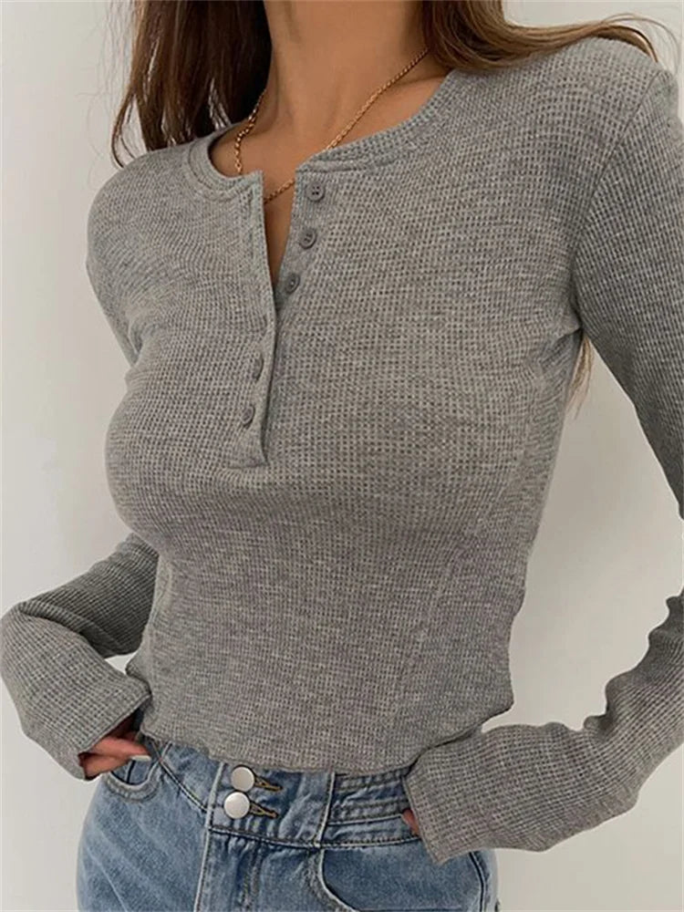 Ribbed Basic Long Sleeve Ruched Knitted Buttons Up T-shirts