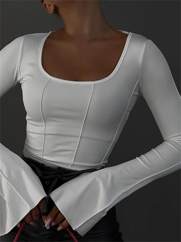 Square Neck Long Flare Sleeve Slim Fit Spring Autumn T-shirts
