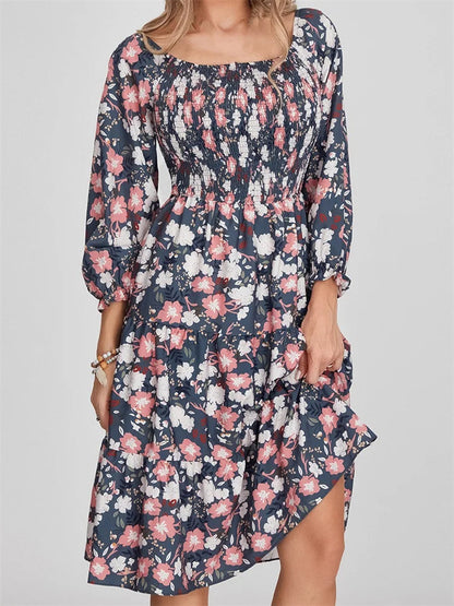 Print Long Sleeve High Waist A-line Midi Dress