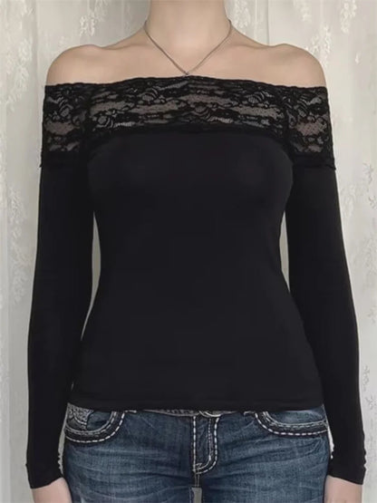 Lace Patchwork Cropped Off Shoulder Long Sleeve Slim Fit Party T-shirts