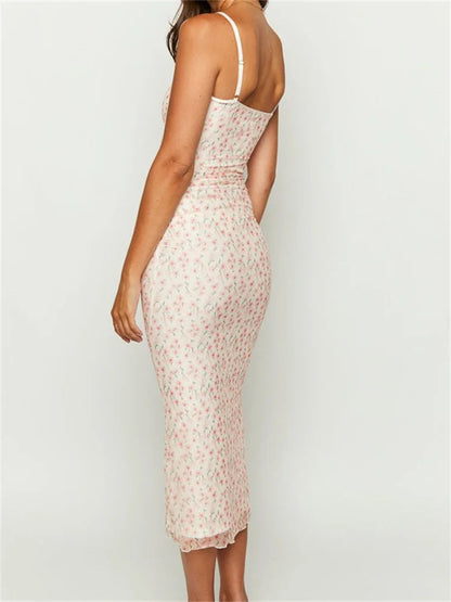 Print Sleeveless Strap Summer Slim Fit V-neck Midi Dress