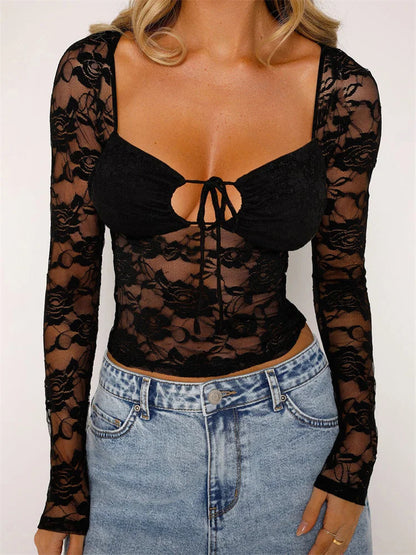 Summer Black Slim Fit Long Sleeve Front Tie Up Mesh Lace T-shirts