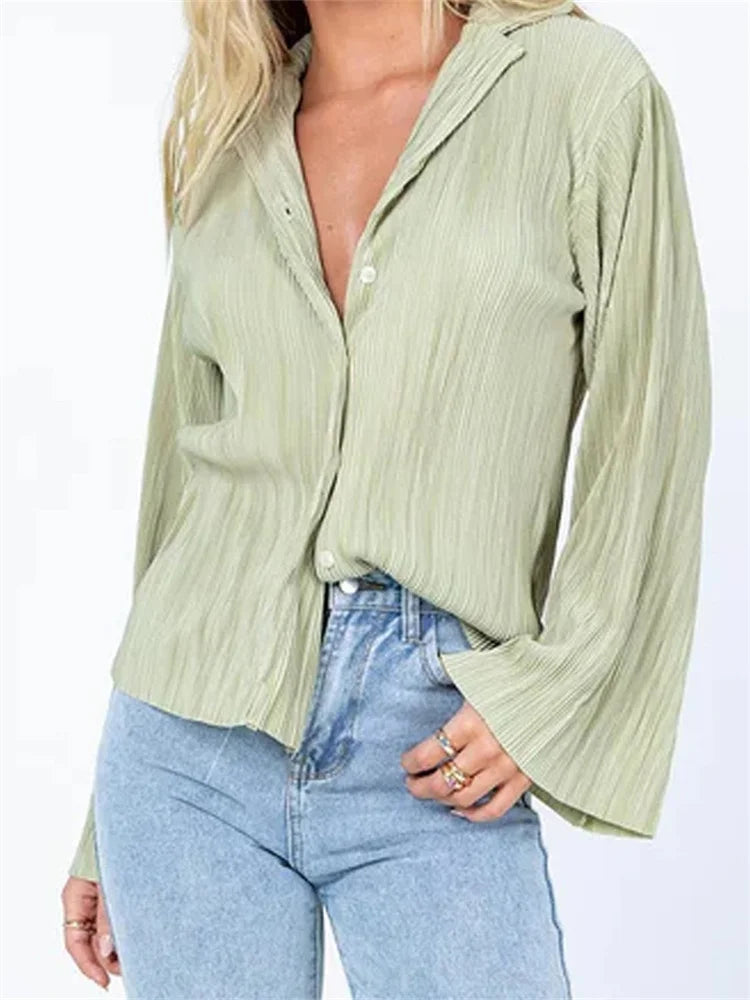 Pleated V-neck Button-down Blouse