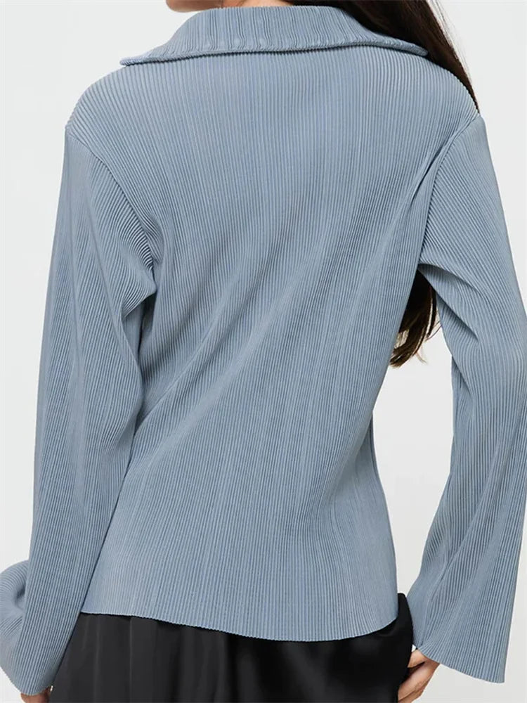 Pleated V-neck Button-down Blouse