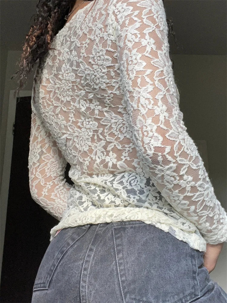 Fairy Grunge Kawaii Lace Mesh See Through White T-shirts