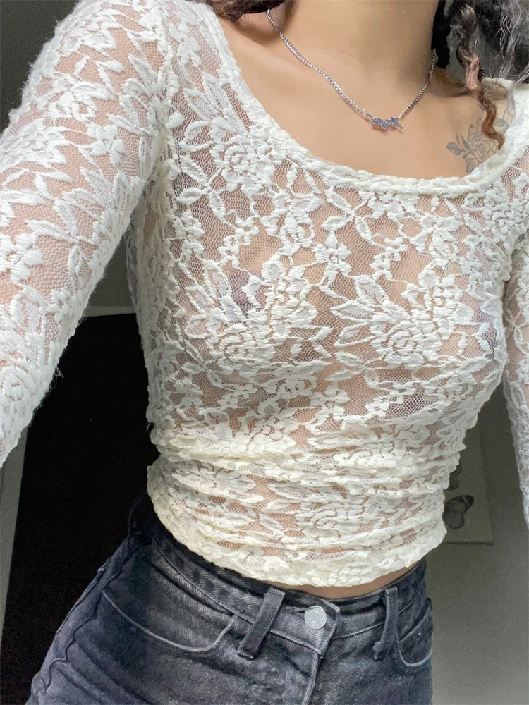 Fairy Grunge Kawaii Lace Mesh See Through White T-shirts