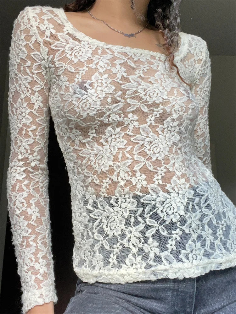 Fairy Grunge Kawaii Lace Mesh See Through White T-shirts