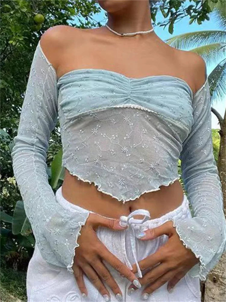 Flower Embroidery Tube Strapless Off Shoulder Mesh See Through Vest Summer With Long Sleeve T-shirts Crop Top