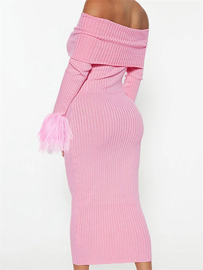 Knitted Long Sleeve Off-shoulder Fur Patchwork Ribbed Bodycon Midi Dress