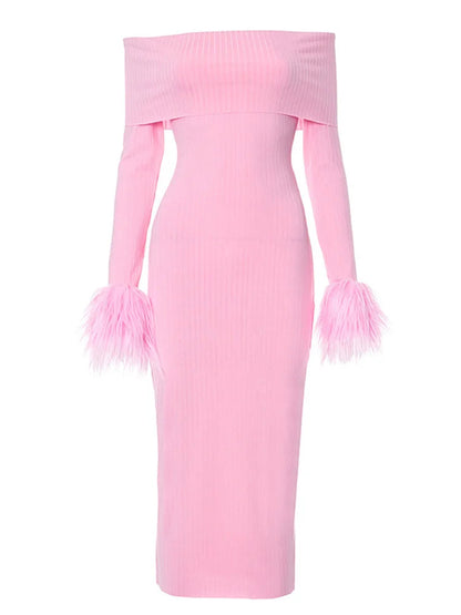 Knitted Long Sleeve Off-shoulder Fur Patchwork Ribbed Bodycon Midi Dress