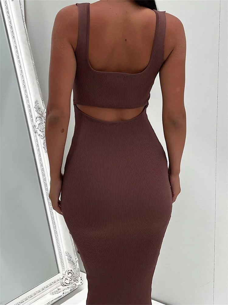 Knitted Ribbed Sleeveless Square Neck Color Slim Backless Midi Dress