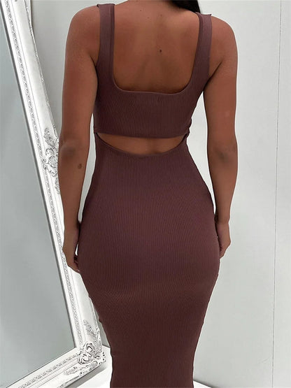 Knitted Ribbed Sleeveless Square Neck Color Slim Backless Midi Dress