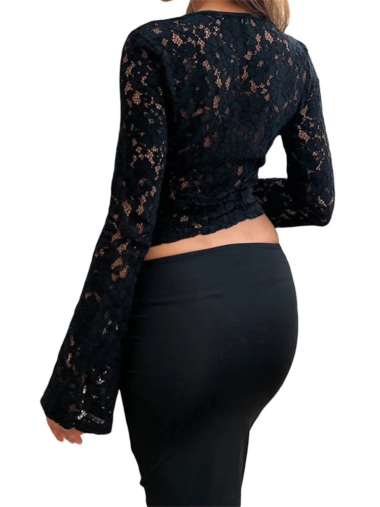 Lace Hollow Out Cropped Long Flare Sleeve V-neck Slim Fit T-shirts