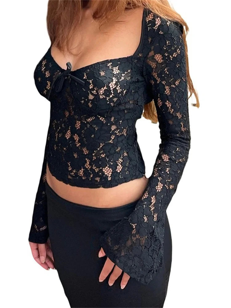 Lace Hollow Out Cropped Long Flare Sleeve V-neck Slim Fit T-shirts
