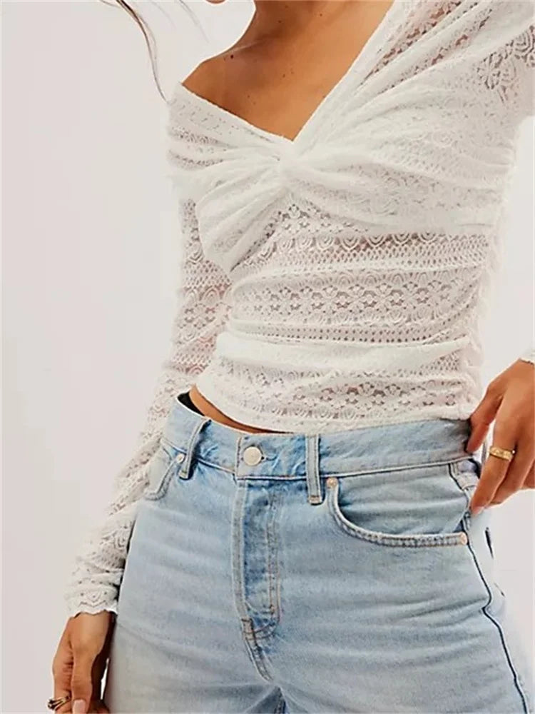 Lace Fairy Grunge V Neck Ruched Color T-shirts