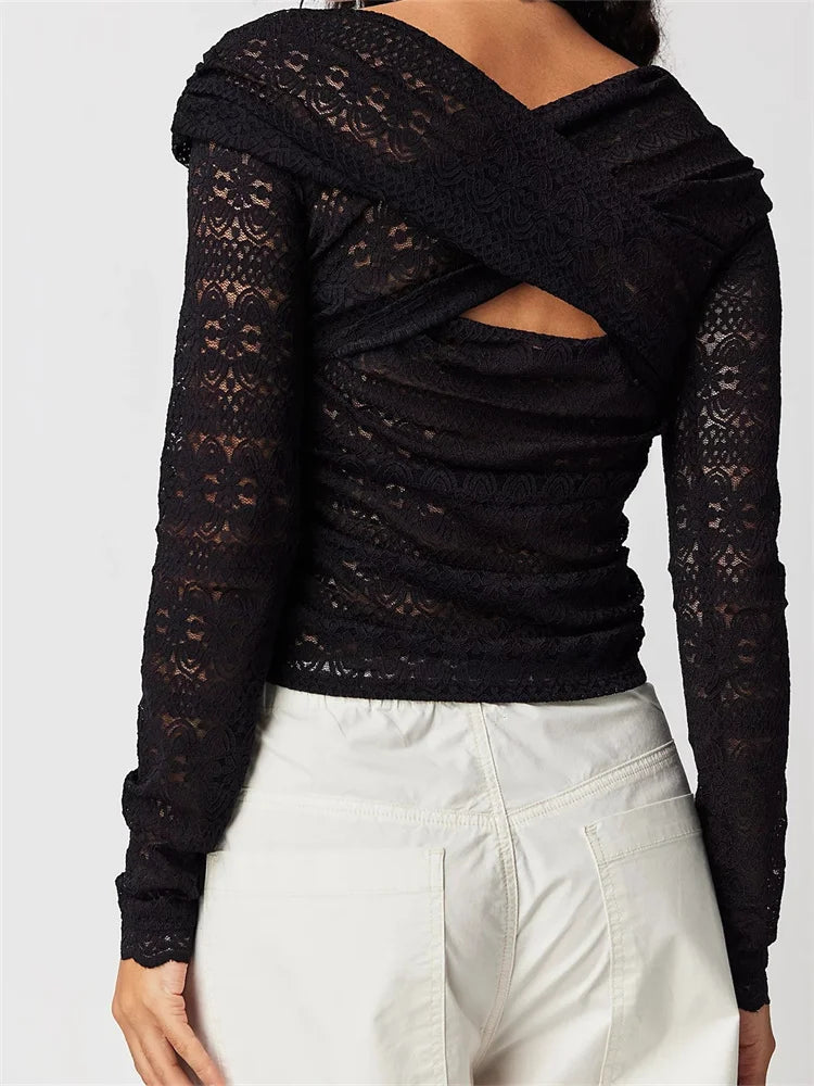Lace Fairy Grunge V Neck Ruched Color T-shirts