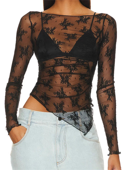 Lace Long Sleeve Asymmetrical Hem Crop Mesh See Through Black Slim T-shirts