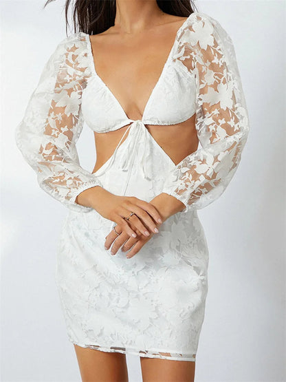 Long Sleeve V Neck Tie-up Backless See Through Mini Dresses