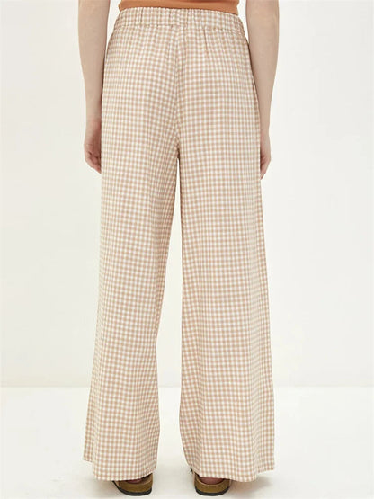 Plaid High-waisted Drawstring Wide Leg Pant