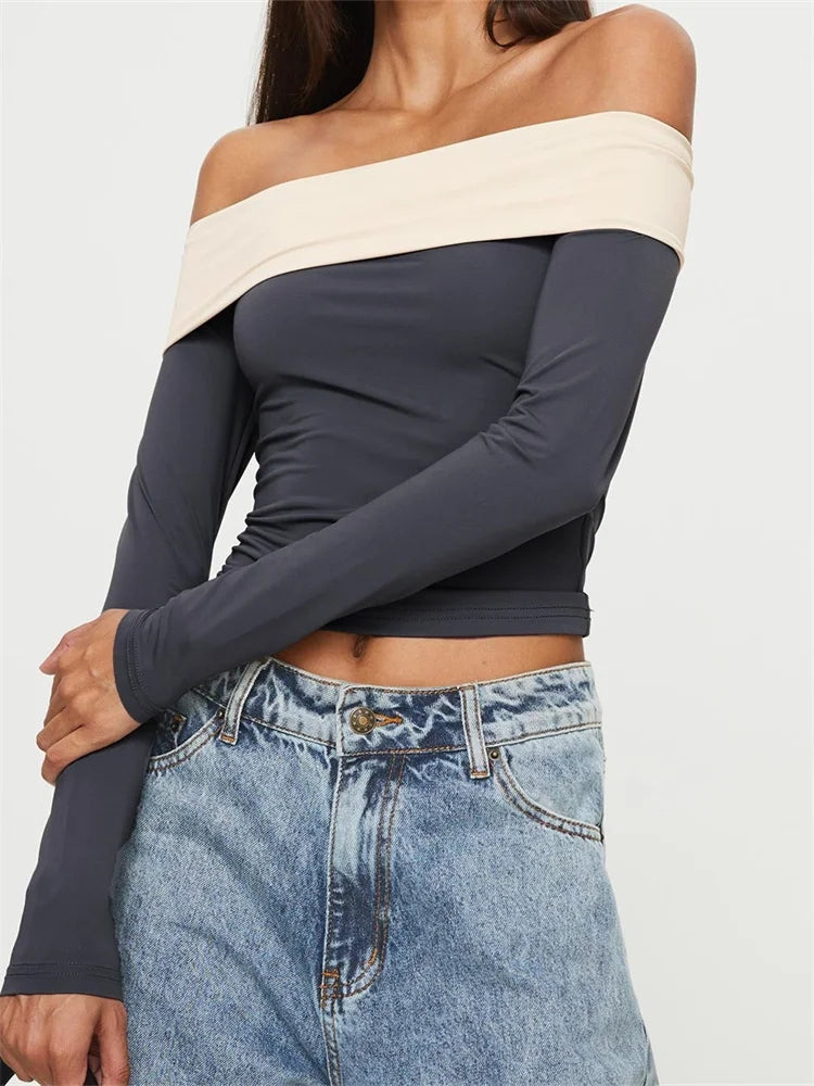 Long Sleeve Crop Contrast Color Off-shoulder Club Aesthetic T-shirts