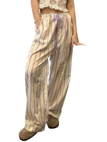 Striped Ruffles Drawstring Elastic Waist Pant