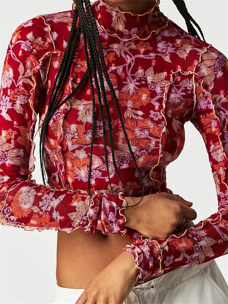 Mesh Slim Fit Ruched Ruffles Print Long Sleeve High Neck Spring Summer T-shirts