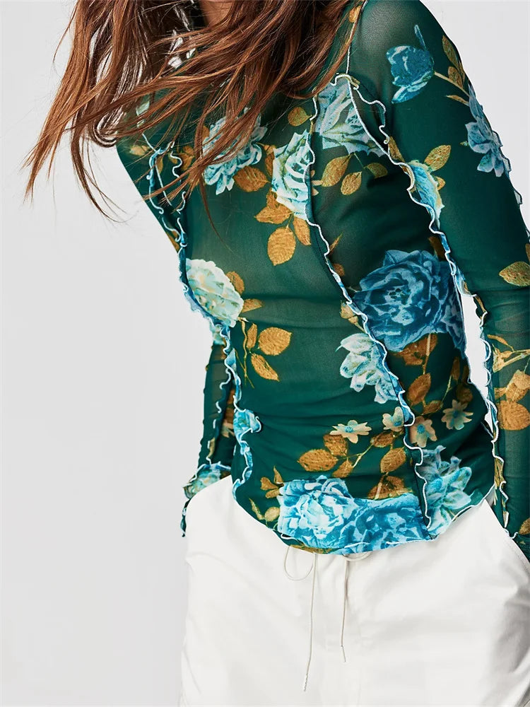 Mesh Slim Fit Ruched Ruffles Print Long Sleeve High Neck Spring Summer T-shirts