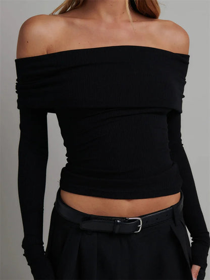 Knitted Ribbed Slash Neck T-shirts