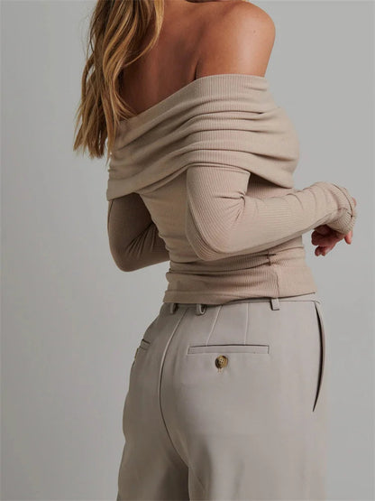 Knitted Ribbed Slash Neck T-shirts