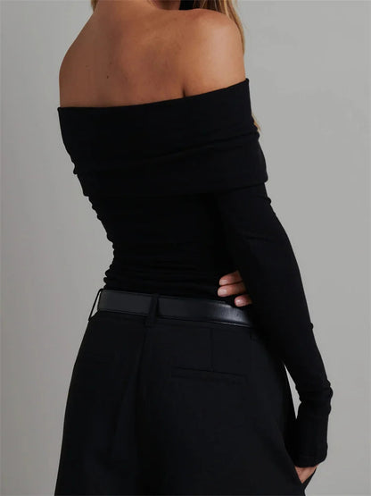 Knitted Ribbed Slash Neck T-shirts
