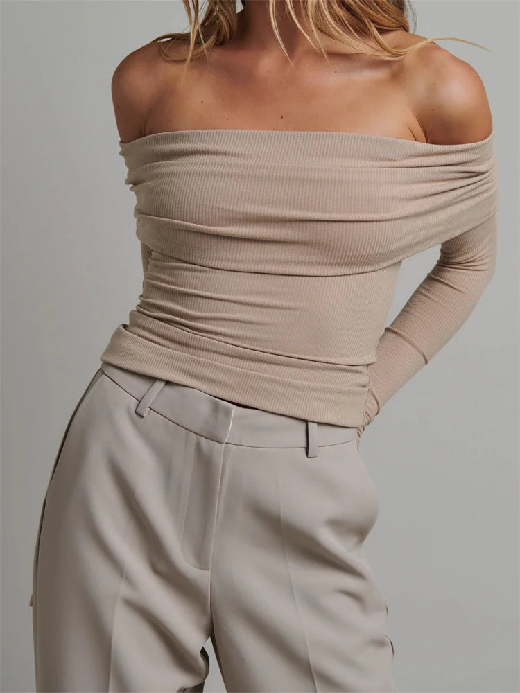 Knitted Ribbed Slash Neck T-shirts