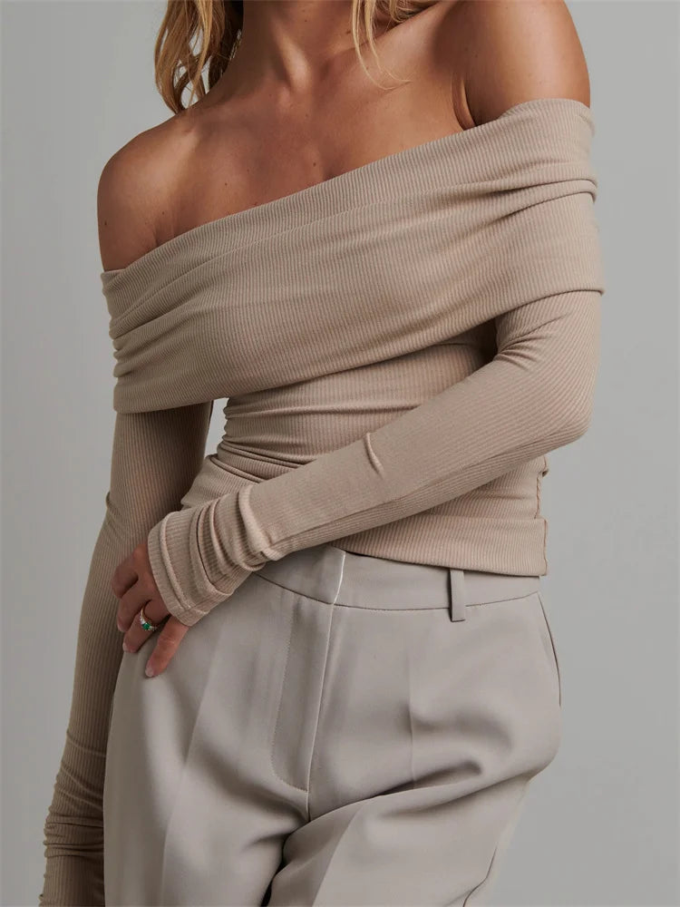 Knitted Ribbed Slash Neck T-shirts