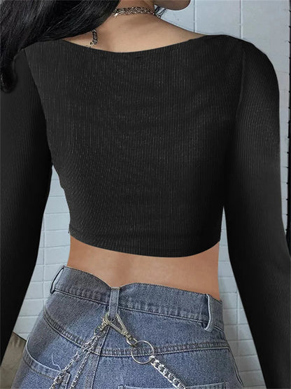 Ribbed Causal Spring Autumn Buttons T-shirts