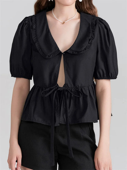 V-neck Front Bowknot Tie-up Blouse