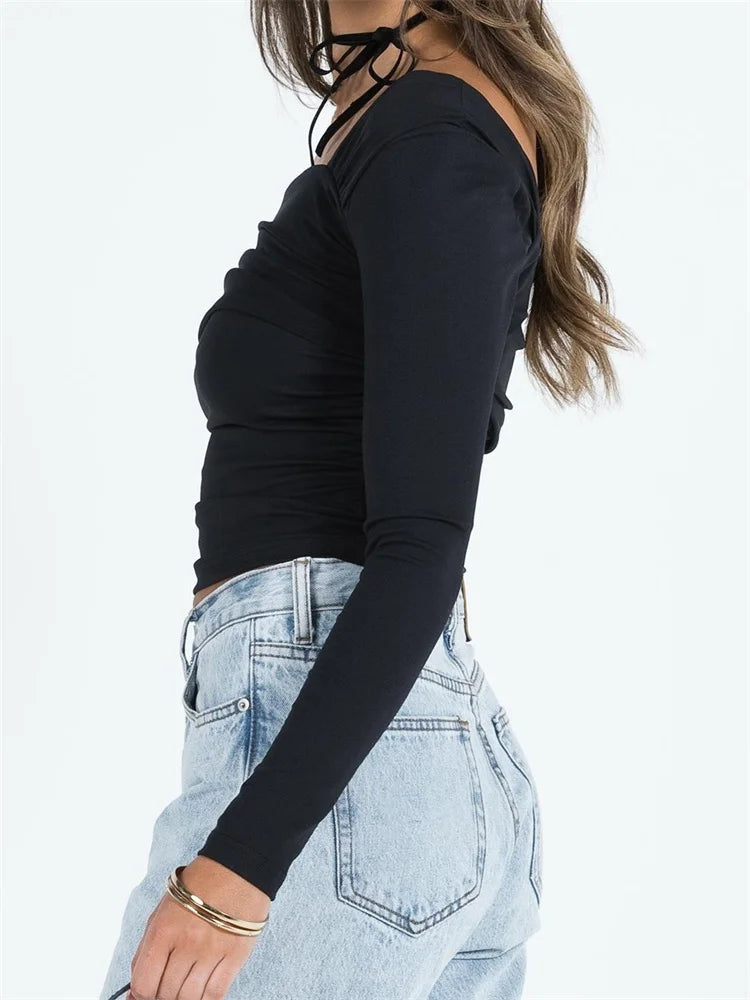 Slim Fit Ruched Asymmetric Neck Off Shoulder Long Sleeve Clubwear T-shirts