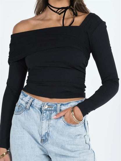 Slim Fit Ruched Asymmetric Neck Off Shoulder Long Sleeve Clubwear T-shirts