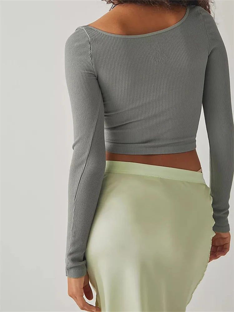 Color Ribbed Crop Square Neck Long Sleeve Spring Fall Slim Fit T-shirts