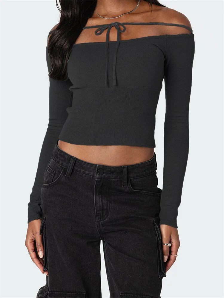 Color Short Tie-up Off Shoulder Spring Fall T-shirts