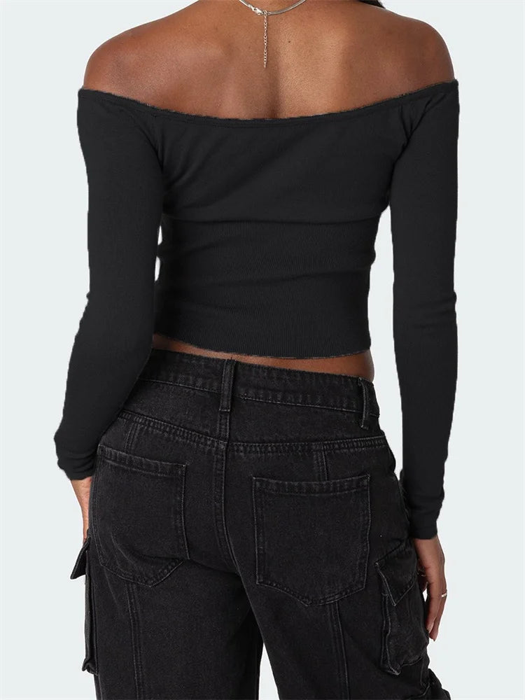 Color Short Tie-up Off Shoulder Spring Fall T-shirts