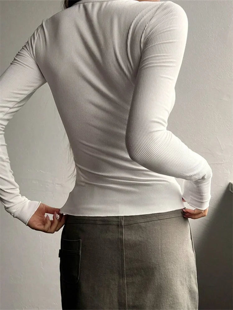 Spring Autumn Knitted Long Sleeve Color Buttons Up Ribbed V-neck T-shirts